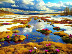 spring field with flowers. spring thawed patches. everything is melting. nature of the Urals


