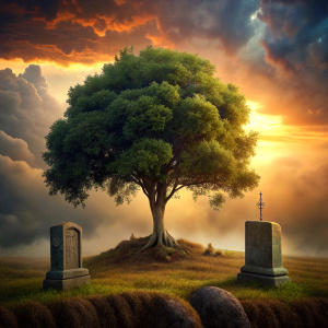 image of a single grave and a large tree emerging from its soil depicting life