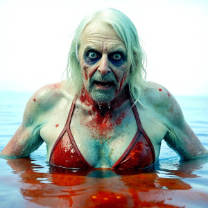 a old zombi man, with white hair, open wounds, wearing a bikini, comming out of red bloody water, close up photo