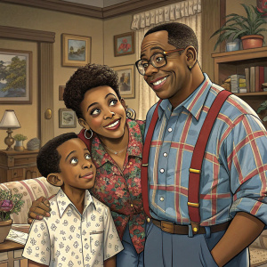 A family scene from the set of 'Family Matters'. Steve Urkel, played by Jaleel White, wears a plaid shirt with suspenders. Harriette Winslow, played by JoMarie Payton, wears a floral print shirt. Carl Winslow, played by Reginald VelJohnson, wears a blue button-down shirt. They are inside the Winslow family living room.