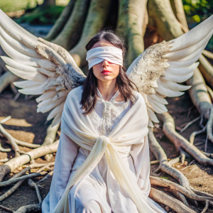 close up, eyes are blindfolded with white ribbons like a blindfold, long white dress, ribbons tightly wrap around the eyes and head, white wings, forest, root, hyper masterpiece