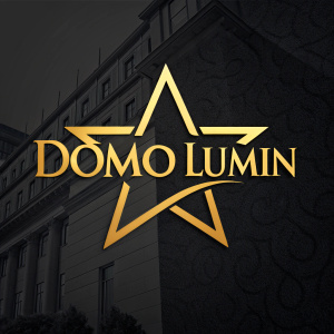 Digital artwork showcasing the Domo Lumin brand logo. A bold, golden star intertwined with the brand name in a sleek, angular golden font. Dark, textured black background. Modern, sophisticated design aesthetic.