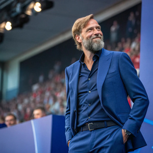 Jurgen Klopp, bearded, wearing a blue suit. Posing at a press conference with blurred audience in the background.