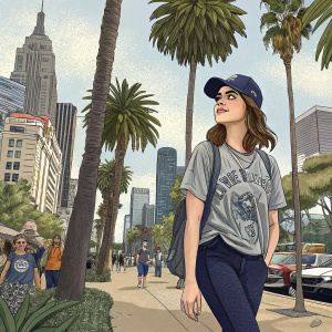 Lucy Hale spotted in an urban area. Wearing a casual outfit, grey t-shirt with graphic design, dark blue leggings, baseball cap. Amidst palm trees and city life.