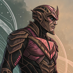 Digital illustration of Steppenwolf from Justice League. Character has detailed extraterrestrial physique. Hues of brown, black, and pink. Earthy background. Comic book art style with strong line work and shading.
