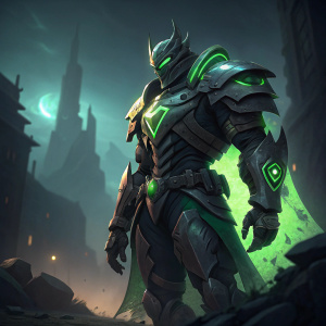 Digital illustration of a character inspired by Overwatch's Reinhardt. The silhouette stands prominently in a dimly lit environment. Detailed armor with neon green accents glows against the dark background. Shadows enhance the angular and curved shapes of the armor.