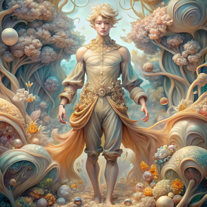 A stylized male figure dressed in loose clothes, surrounded by airy fairy-tale elements in various shades of light brown and milky beige, in a graceful pose, one arm lowered down and the other extended forward. Large and fantastic elements are arranged around the figure, creating an airy atmosphere in shades of freshness and juiciness of young foliage. Small drops of water or flower petals around