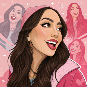 Animated caricature of Ainaa Nabilla. Professional makeup artist. Influencer. Multiple expressions, various shades of pink background.