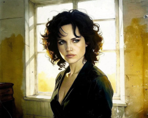 young cool brave Carla Gugino, A captivating portrait. The background is a room, warm glow on the scene. The overall mood is dark and mysterious, with an edgy and urban vibe