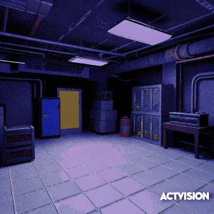 3D render of a tactical operations room in Call of Duty: Warzone. Dim lighting, tiled floor, and scattered military equipment. Filing cabinets, computers, and exposed pipes on the ceiling. Activision logo at the bottom