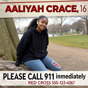 URGENT: MISSING PERSON ALERT - Aaliyah Crace, 16, Last seen wearing black hoodie and jeans. Last seen near local park. PLEASE CALL 911 IMMEDIATELY. RED CROSS: 555-123-4567