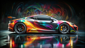 sports car sideways, graffiti-stained, on a black background.