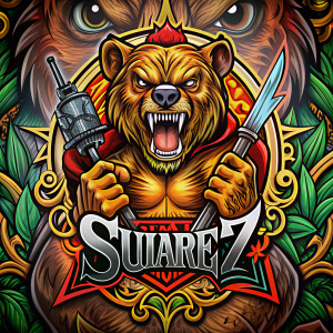 Logo para un estudio de tatuaje de nombre Tattoo Suarez de estilo grafiti de un oso con aspecto furioso y una aguja atravesada