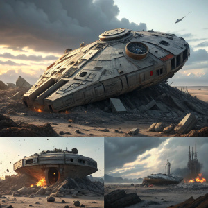 Destroyed alien spaceship from Star Wars Rebels. Various angles showcasing the wreckage.