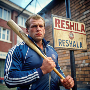 крутой накаченный русский мужик с битой и в спортивном костюме, курит сигарету, и за ним деревянная вывеска "reshala"