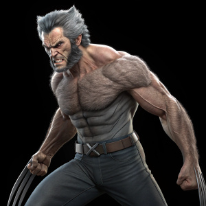 3D render of Wolverine, intense pose, scowling face, grey fur, belt around waist, set against a black backdrop