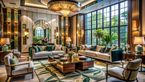 Art deco tarzı oturma odası. 
Bu büyük etkinlik, dünyanın dört bir yanından sanatçıların, tasarımcıların ve mimarların ilgisini çeken bir yenilik ve yaratıcılık vitriniydi. Bu etkileyici sergi sanat, mimari ve tasarımdaki en son trendleri sergiledi.