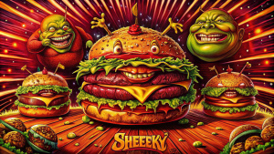 burgers flying, psychidelic, ultra realistic wallpaper style, hungry shrek eating, funny text, cartoon, white background
