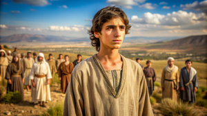 Saul jovem (tempo bíblico); descrito como um jovem de boa aparência, destacando-se entre os israelitas por sua altura, os mais altos apenas chegavam aos seus ombros; (aparência: cabelos castanhos, olhos castanhos, pele compatível com a região de Canaã); vestes simples, típicas de um camponês; (contexto: campos de Gibeá, paisagem rural); iluminação natural, detalhes realistas, atmosfera histórica autêntica, proporção landscape




