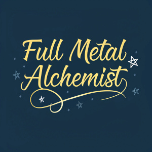 Title card featuring 'Full Metal Alchemist' in elegant, cursive font. Vibrant yellow against dark blue background.