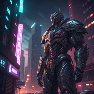 Megatron, a colossal figure with intricate armor details, standing against a backdrop of a neon-lit cityscape. His metallic exoskeleton gleams in the dark, futuristic setting.
