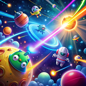 Space, bright, lasers, cartoon style