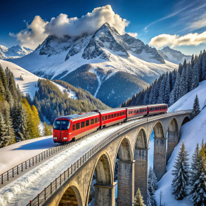 red train, snow, bridge, mountain