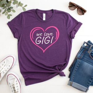 Custom graphic design of a purple t-shirt with 'We Love GiGi' message in a pink heart. White background