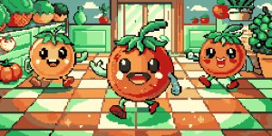 cute happy tomatos rolling on the kitchenfloor