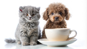 small toy teacup poodle and gray fold kitten