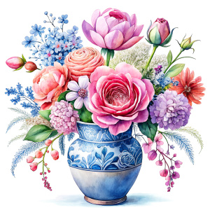 watercolor . rose pink crocus, coral pink daffodil ,thulian pink roses ,creamy pink Damarions, buble gum pink Common Crape Myrtle , amaranth pink Ranunculus viburnum , creamy wax flower ,taffy pink dandelion ,cherry pink geranium, salmon violet s , a big blue prussian Chineese traditional motiffs decorated Vase on a white wall, watercolor