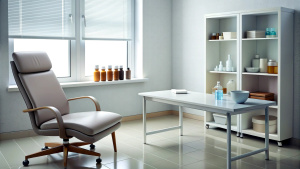 empty doctor's room with a table, chairs and an armchair, and with some medicine: pills, syrup, cream on the shelves