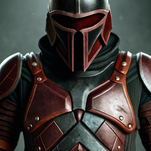 Futuristic warrior in sleek, armored bodysuit. Dark tones contrast lighter shoulder pads. Complex chest design. Grey backdrop
