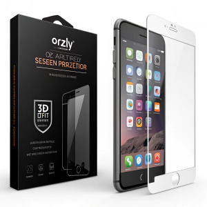 Advertisement showcasing the Orzly Pro-Fit 3D Glass Screen Protector for iPhone 7 Plus. The product is seen on a sleek, black backdrop, with the iPhone 7 Plus partially visible on the right. Packaging details and protective features highlighted.