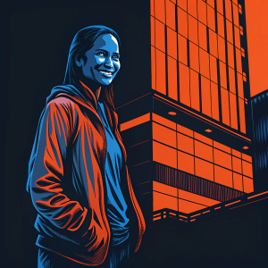 Joy Bryant, in a casual outfit, standing in front of a modern office building. Amazon logo on the wall. Smiling