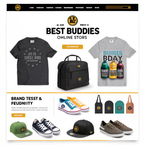 Homepage of Best Buddies online store featuring array of merchandise in sleek layout. Top banner highlights brand identity. Products include tees, hats, bags, and more.