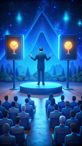host standing in front of a  screen with various road signs displayed behind him.] motivational and inspiring,the face is directed on me.two options if sign road
