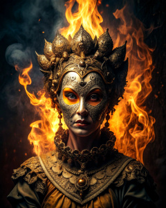 cinematic shot, dark dungeon, with contour lighting, queen,  golden face mask, smoke and fire around, renaissance style