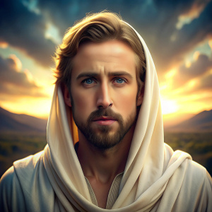 Ryan Gosling  as Jesus Christ with captivating authenticity. Dressed in a flowing white robe, his piercing blue eyes radiate compassion and wisdom. The serene background features a scenic landscape, creating a peaceful and introspective atmosphere. The soft, golden light gently illuminates his face, accentuating the depth of his portrayal. With a serene yet powerful presence, Robert Powell captures the essence of Jesus, capturing both his divinity and humanity. This evocative image 