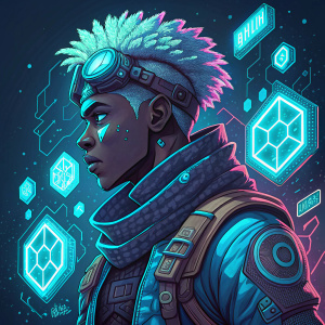 Pixel art of Ekko from League of Legends. Blue and neon colors. Futuristic design. Background of digital patterns.
