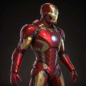 Digitally rendered image of Iron Man's Mark XVII HeartBreaker suit. Futuristic red and gold armor with glowing chest piece.