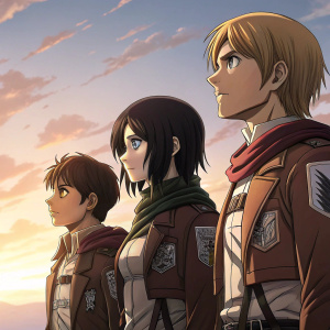 Characters from Attack on Titan: Armin Arlert, Mikasa Ackerman, and Eren Yeager in a promotional poster. Sunset backdrop with soft gradient colors, detailed poses and expressions.