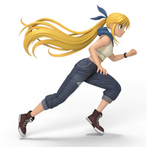 Digital art of Winry Rockbell, 3D model in motion pose, golden hair flowing, casual outfit, against white background