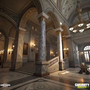 High-definition digital art of a lavish interior from Call of Duty: Modern Warfare. Elaborate marble columns and intricate architecture under warm lighting. Muted tones of gray and beige dominate the scene.