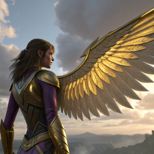 3D digital rendering of a female character from Digimon universe. Rear view. Golden wing-like structure with metallic sheen and hints of purple against a cloudy sky background.