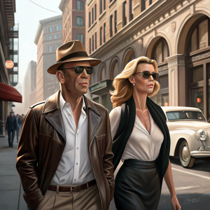 Bruce Willis and Brooke Burns walking down a bustling New York City street. Bruce in a brown fedora and leather jacket, Brooke in a white blouse and black shawl. Both wear dark sunglasses. Classic architecture with arched windows. A white vintage car parked at the curb. Natural daylight.