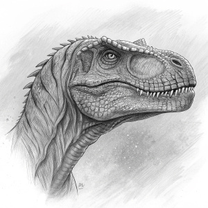 A hyper-realistic pencil drawing of a T-Rex's head. The intricate lines and shading bring out the texture of the scales on the face and snout. The sketch is set against a subtle, textured background, creating a stark contrast with the rough, detailed skin of the dinosaur.