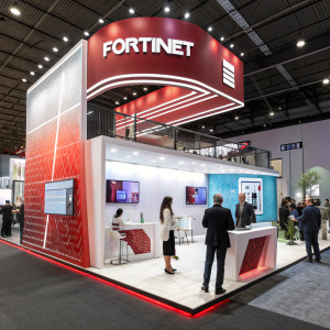 A bustling trade show exhibit for Fortinet, with sleek booth design and large company logo prominently displayed.