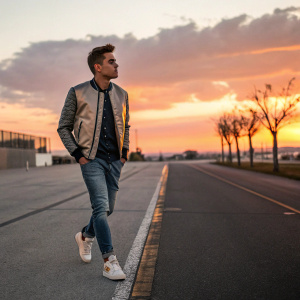 Paulo Dybala in a stylish casual outfit, walking on an empty street. Sunset backdrop