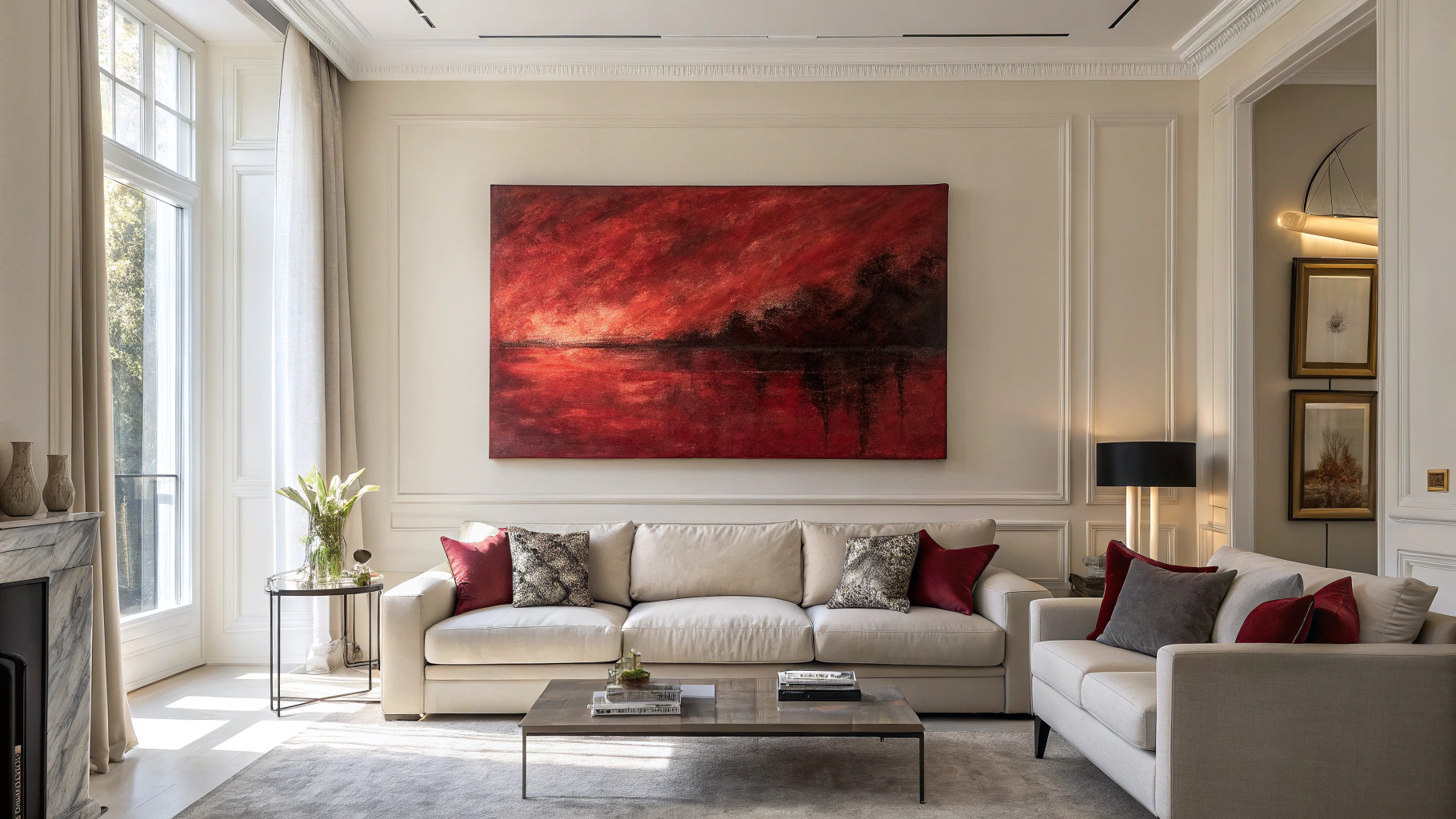 A modern elegant living room with one large red abstract painting as the main focal point on the wall above a sofa, deep crimson and warm red tones, balanced composition, clean light-colored walls, contemporary neutral furniture, soft natural daylight, calm and luxurious atmosphere, art hung at eye level, no people, no text, interior design magazine style, premium home decor photography, realistic lighting, soft shadows, depth of field, 35mm lens, ultra-detailed, photorealistic, 8k